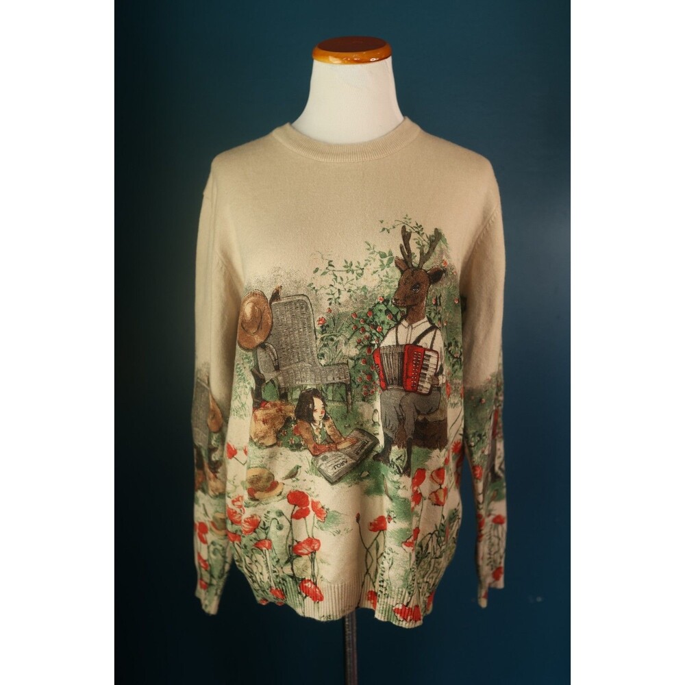 Womens Crewneck Cream Cozy Sweater Whimsical Folk Woodland Deer Cottagecore M